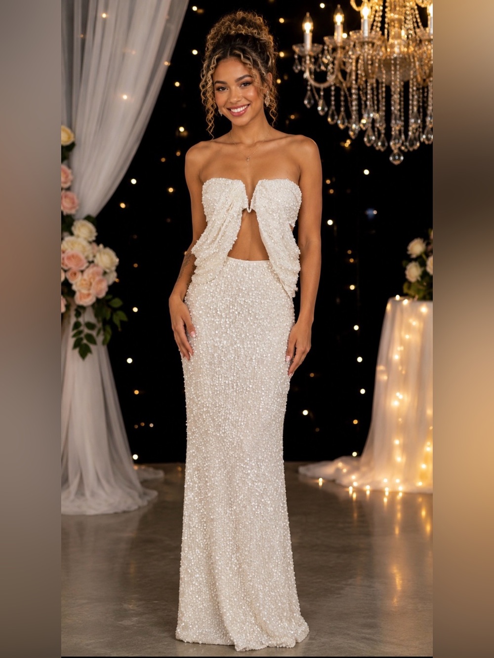 NWT Dress the Population White Sequin Cutout Maxi Prom Gown Size S